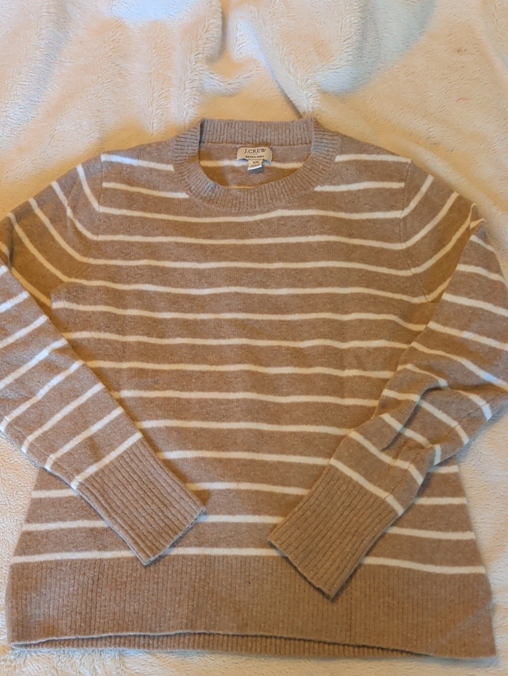 J. Crew Beige and White Striped Crewneck Sweater